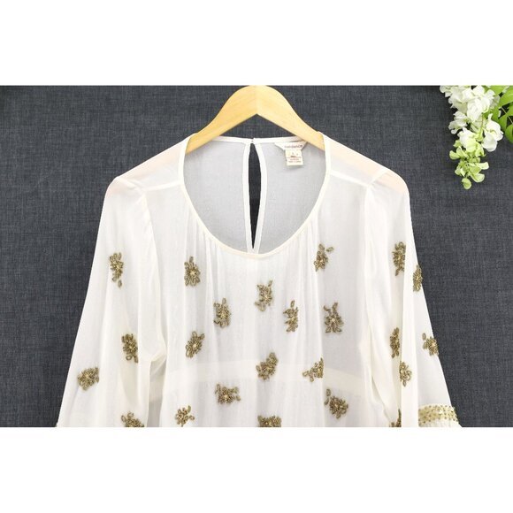 Sundance Women's Bohemian Embellished Peplum Hem Silk Blouse Off White/Gold L - Picture 3 of 9